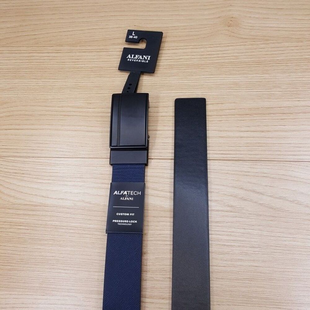 ALFANI Belt Mens Size 38 40 Blue Black Reversible Plate Slide Buckle